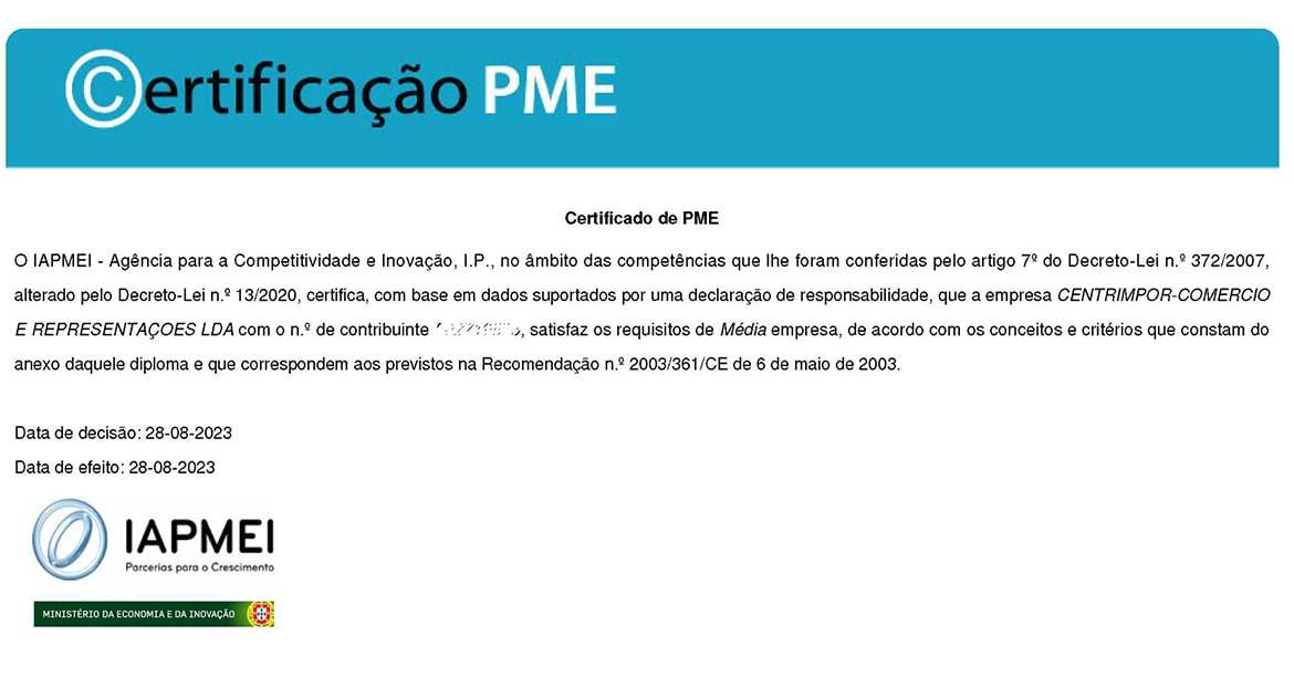 Certificado PME Líder 23 atribuído à Centrimpor
